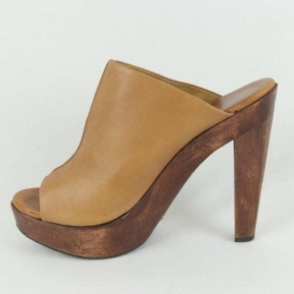 Diane Von Furstenberg Faye Women's Size 6.5 Tan Leather Open Toe Wood Sole Mule - Picture 8 of 10